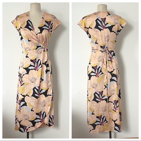 Mango wrap midi dress sz 2 peach floral - Picture 3 of 5